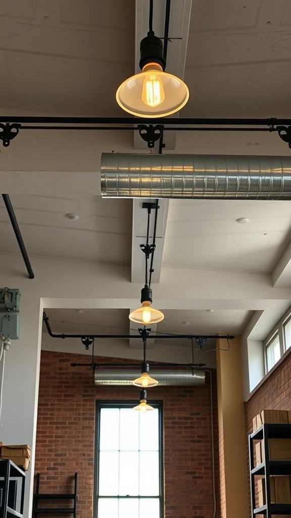 A series of industrial-style pendant lights on a black track in a room with exposed brick walls.