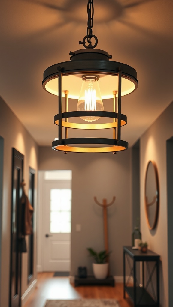 Industrial style semi-flush mount lighting fixture in an entrance hall