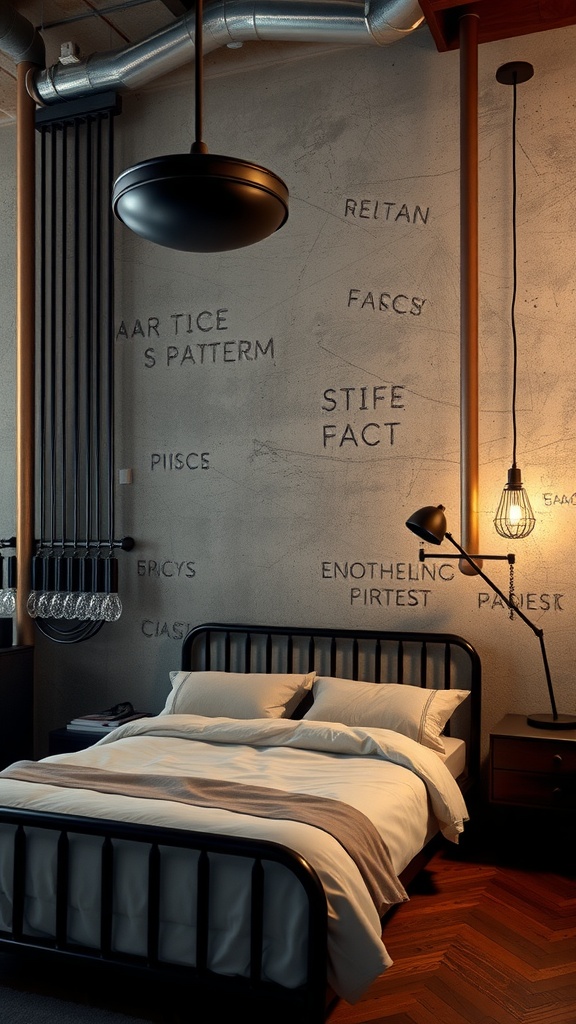 An industrial-style bedroom featuring a black metal bed frame, textured walls, and stylish lighting.