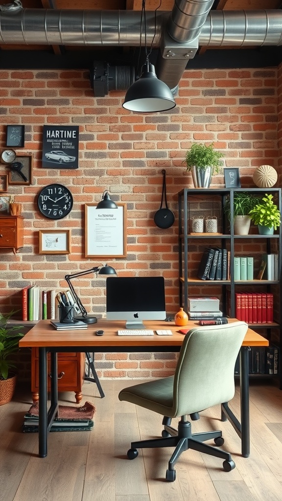 A modern industrial-style home office featuring a wooden desk, computer, green chair, and exposed brick walls.