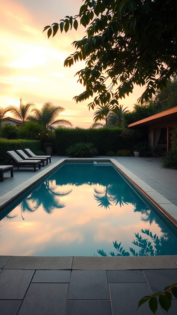 A serene above-ground rectangular swimming pool surrounded by greenery and lounge chairs, reflecting the sunset.