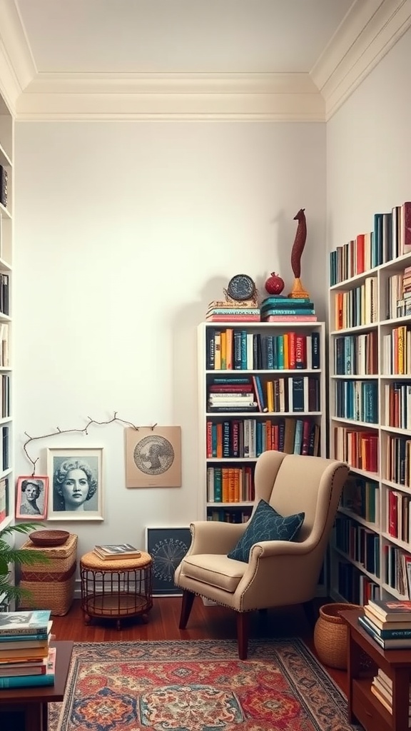 Cozy home library corner with bookshelves, a comfortable chair, and decorative items.