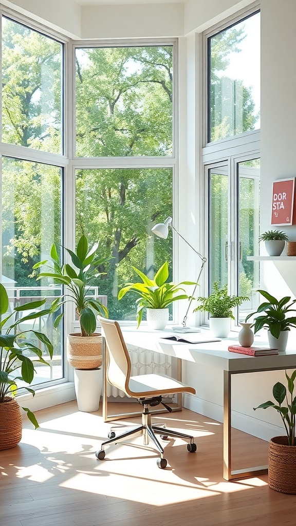 Bright home office with large windows, natural light, and various plants.