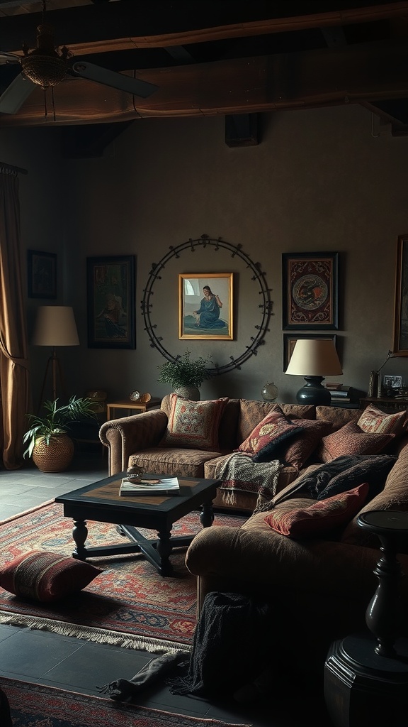 A cozy living room with dark tones, featuring rich fabrics, cultural artwork, and a warm atmosphere.