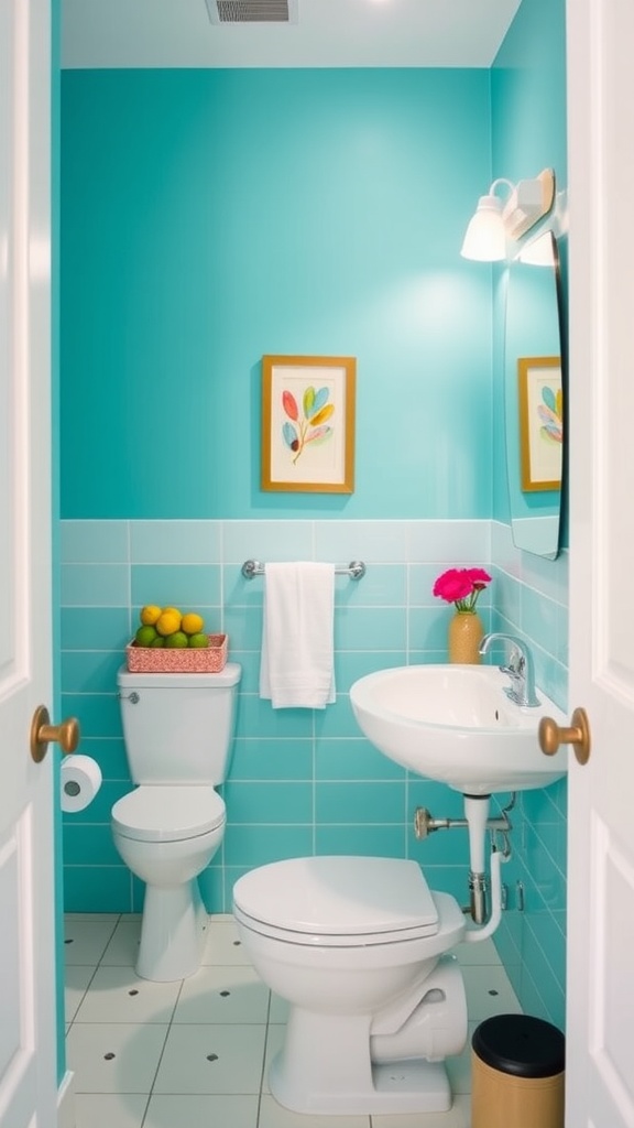 A small bathroom with turquoise walls and white fixtures, featuring fresh flowers and artwork.