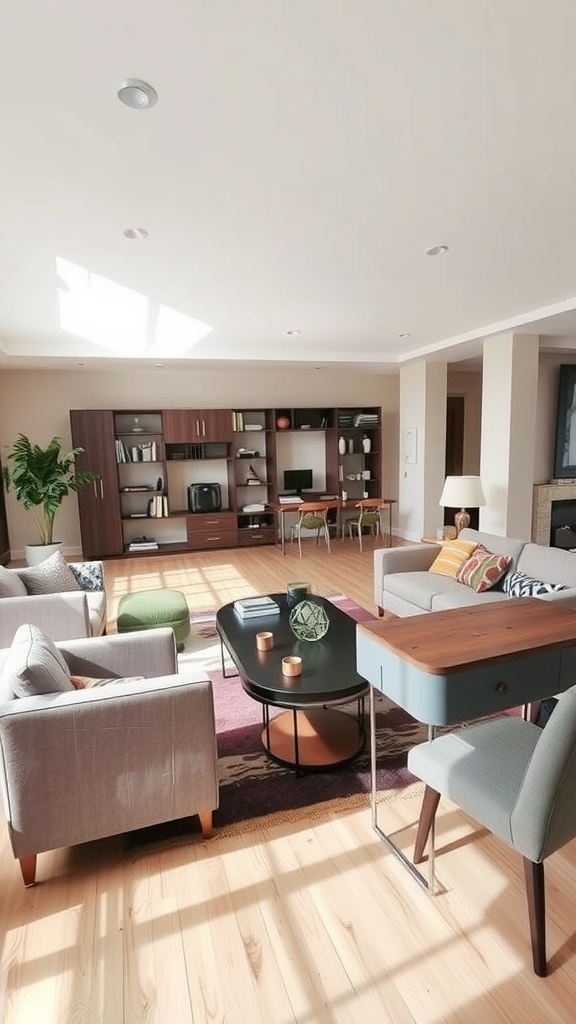 A bright and spacious living room with modern furniture arrangements, including sofas, a coffee table, and a desk area.