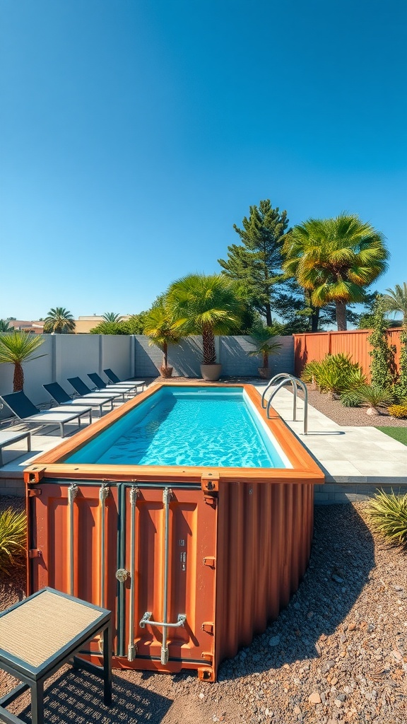 A rectangular swimming pool made from an old shipping container, surrounded by palm trees and lounge chairs.