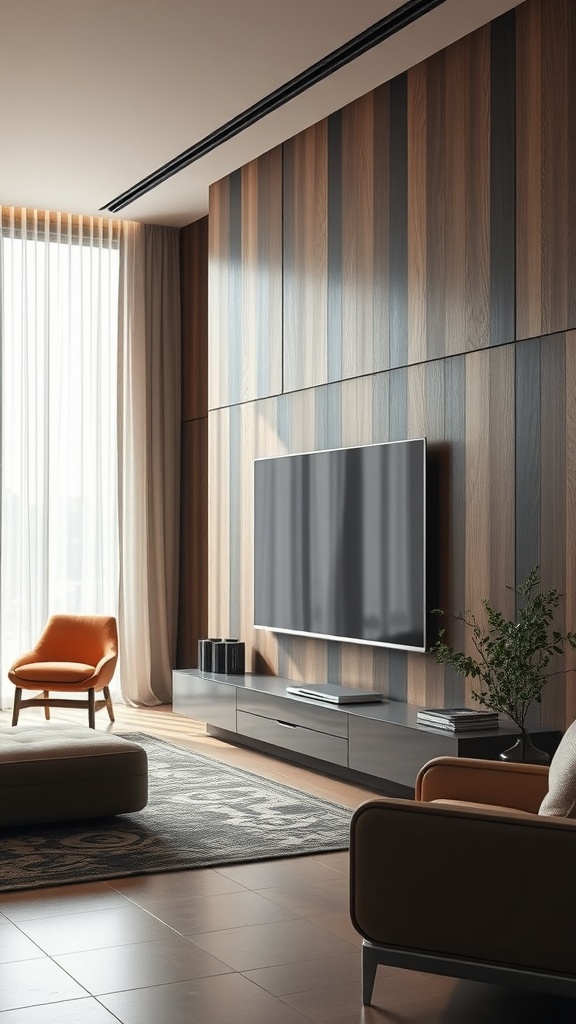 A modern luxury living room featuring a TV wall with an innovative sliding panel system.