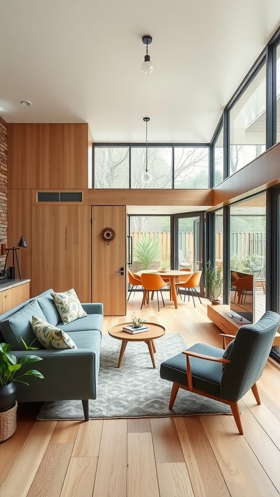 A Mid-Century Modern living space featuring a comfortable sofa, wooden coffee table, and a small dining area with large windows.