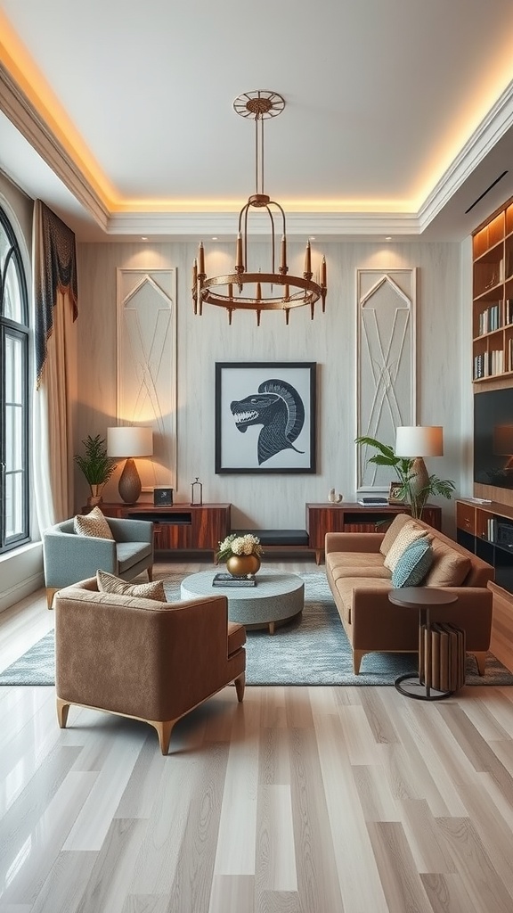 A modern living room designed with Art Deco and contemporary elements, featuring stylish seating and unique lighting.