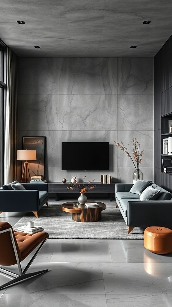 A modern living room featuring concrete walls and velvet furniture, arranged to create a cozy yet spacious feel.