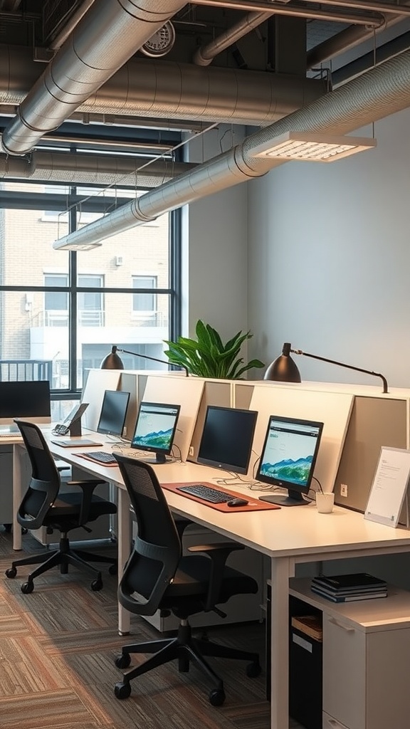 A modern small office workspace with multiple workstations, computers, and large windows.