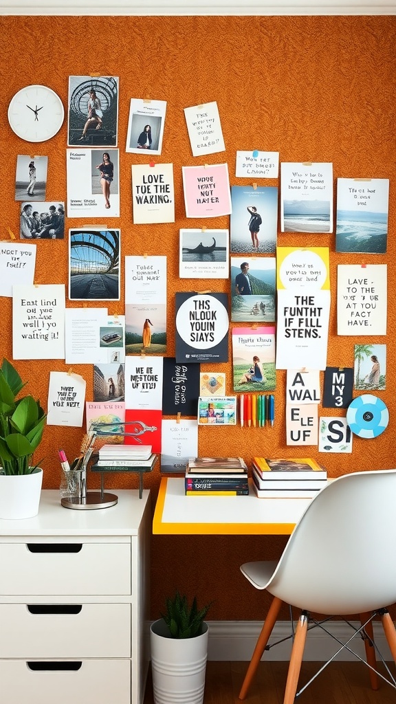 A vibrant inspiration board on an orange wall, featuring photos, quotes, and decorative elements, with a simple desk and plant setup.