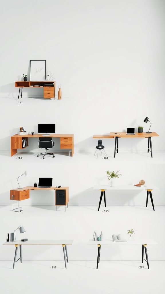 A collection of modern corner desk styles featuring wooden and white desks with various designs, including accessories like lamps and plants.