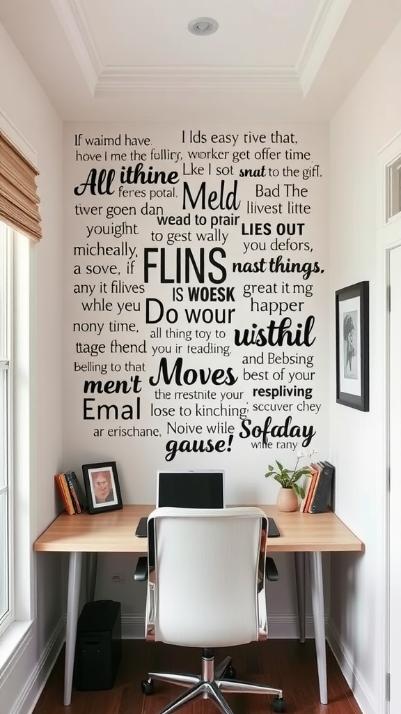 A small home office with a wall covered in inspirational quotes, featuring a desk and a chair.