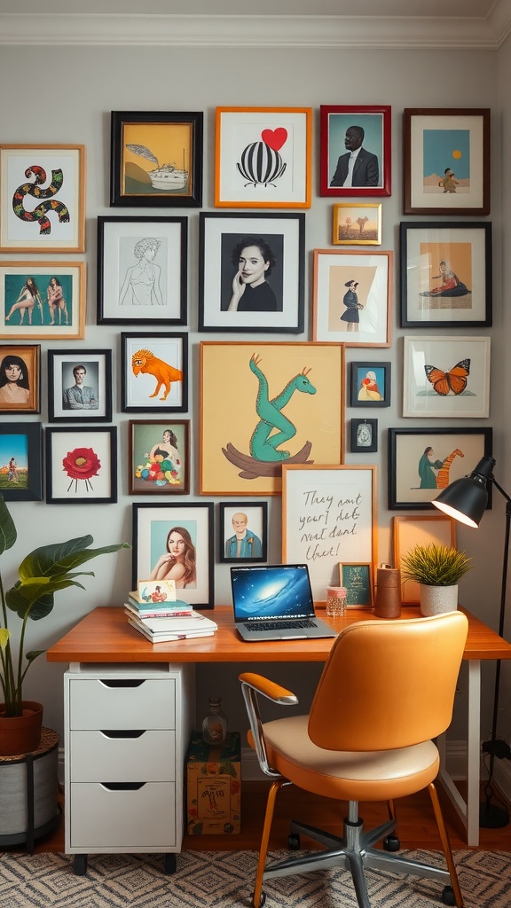 A stylish home office with a gallery wall featuring various framed photos and artwork.
