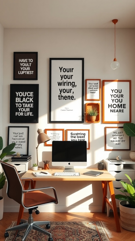 A feminine home office with motivational quotes on the walls, featuring a desk, computer, and plants.