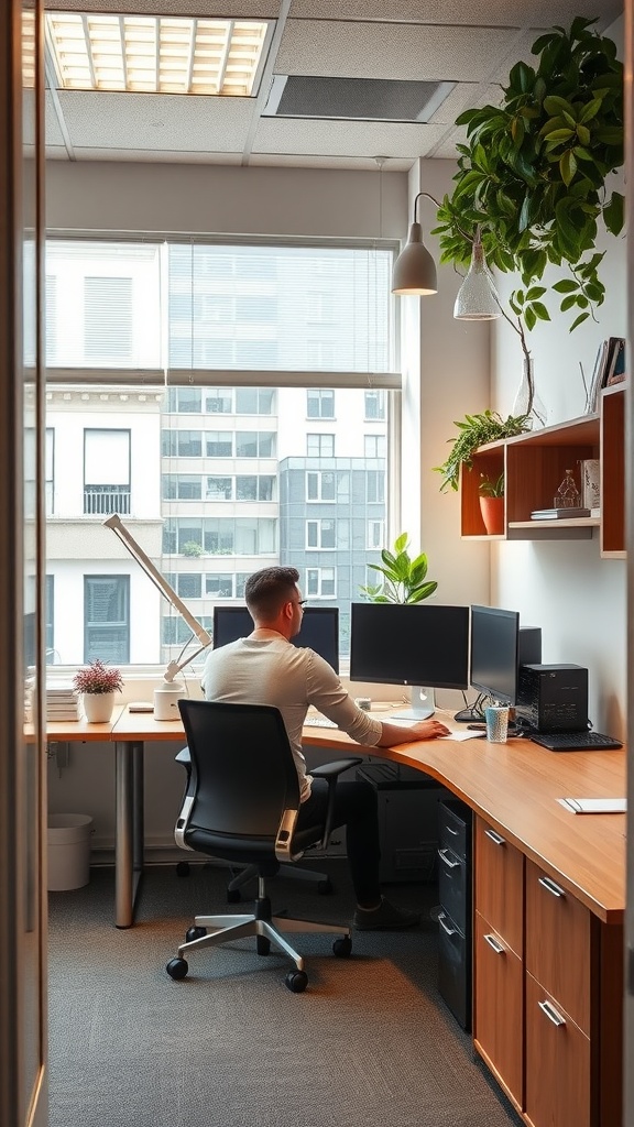 Cozy shared workspace featuring two desks, plants, and motivational visuals.