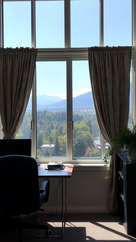 A small office with large windows and curtains, showcasing a view of nature.
