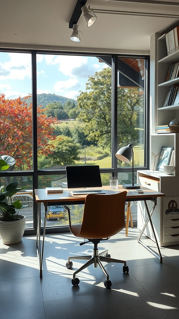 A modern workspace with a desk by large windows overlooking greenery and trees.