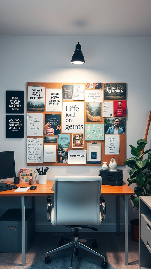 A cozy small home office with a vision board filled with motivational quotes and images