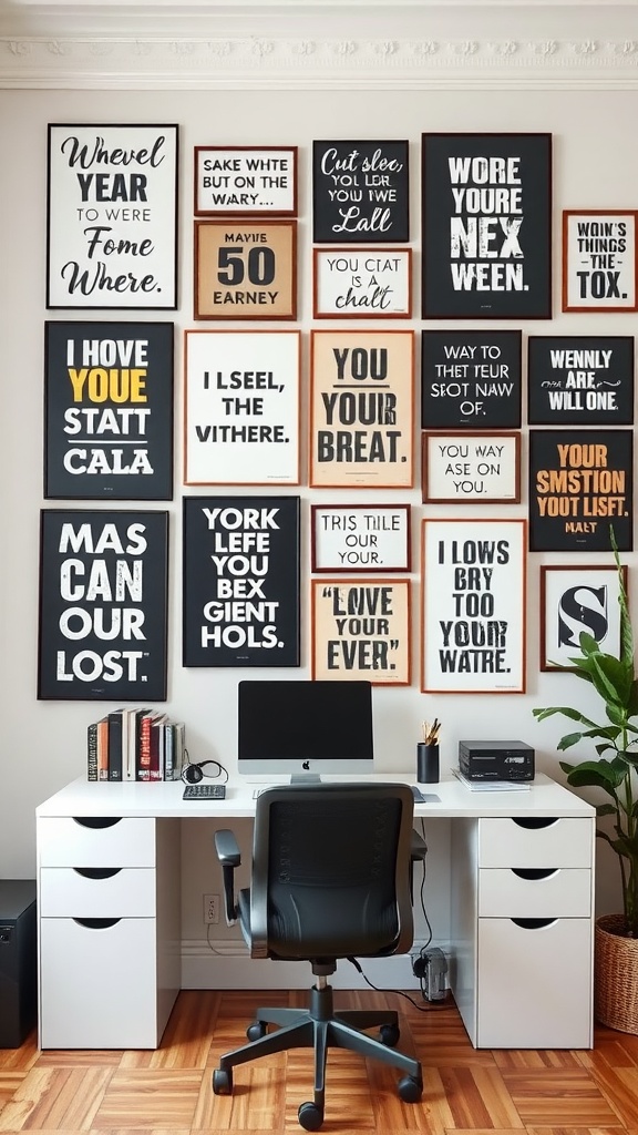 A stylish home office with a motivational wall art gallery