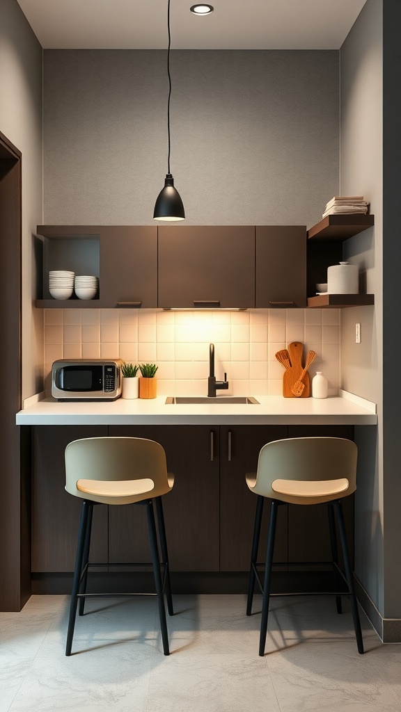 A small kitchen with a modern design featuring a folding countertop and stylish seating.