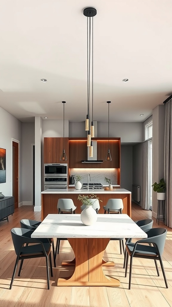 A modern kitchen and dining area featuring a linear pendant light above a white marble dining table with wooden accents.