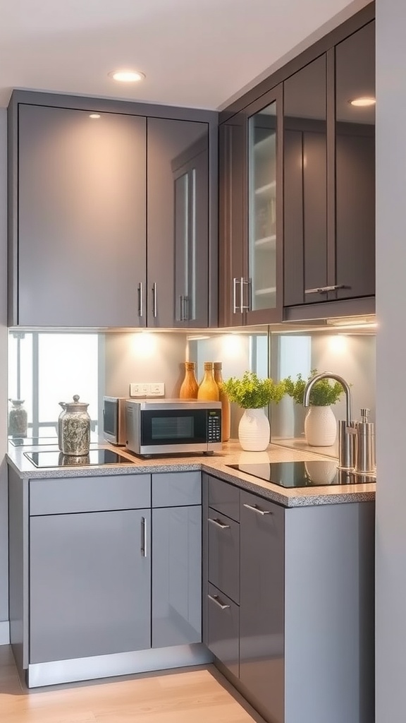 A small kitchen with a mirrored backsplash, modern cabinets, and decorative elements.