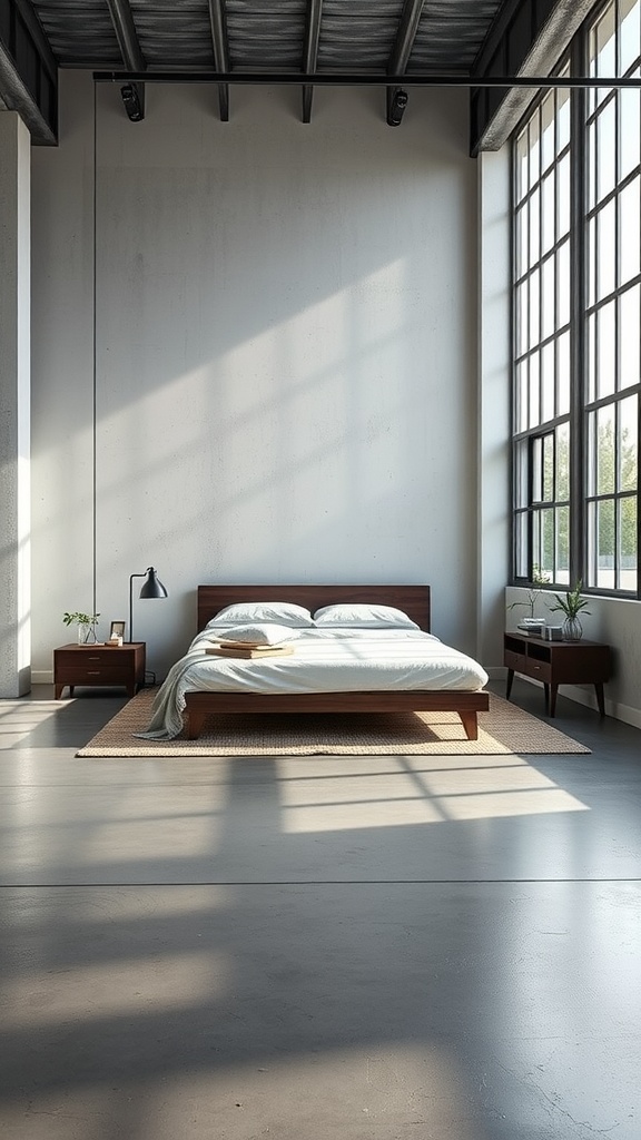 A modern industrial bedroom with concrete flooring, a wooden bed, and large windows