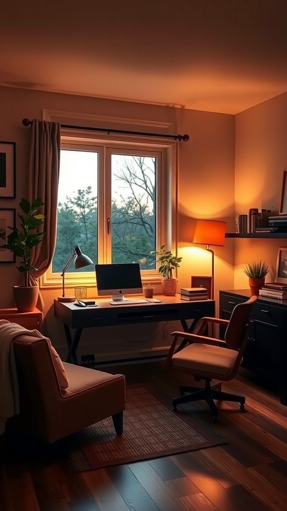 Cozy home office with dimmable lighting, featuring a desk, armchair, and plants
