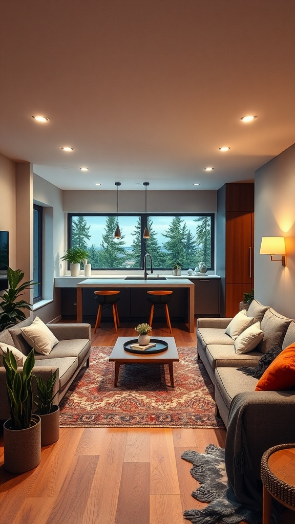 A cozy open living room and kitchen space featuring soft lighting, comfortable seating, and a view of greenery outside.