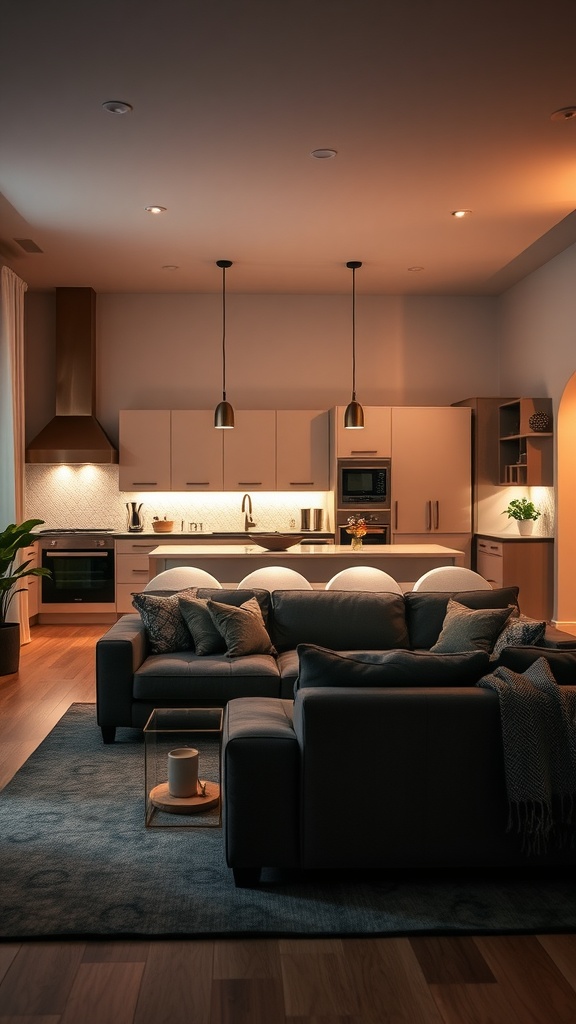 An open living room and kitchen with hidden lighting under cabinets, creating a soft glow.