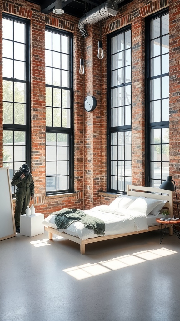 A modern industrial bedroom featuring large factory-style windows and exposed brick walls.