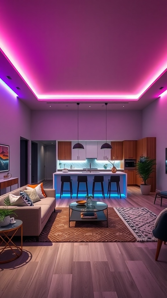 Modern open living room and kitchen featuring smart lighting with purple accent lights.