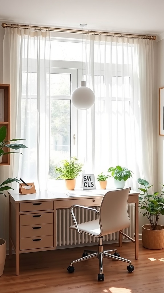 A cozy home office with soft window treatments, a simple desk, and potted plants.