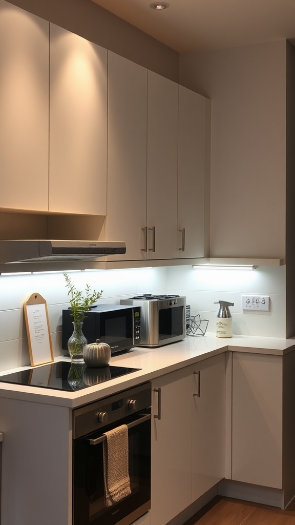 A modern kitchen with under-cabinet lighting illuminating the countertop