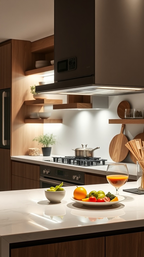 A modern kitchen with under-cabinet lighting illuminating the countertop and shelves, featuring fresh fruits and vegetables.