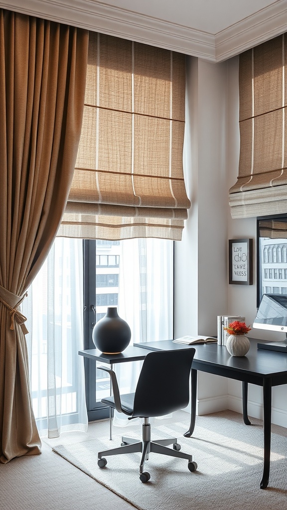 Cozy home office with elegant window treatments, including Roman shades and drapes.