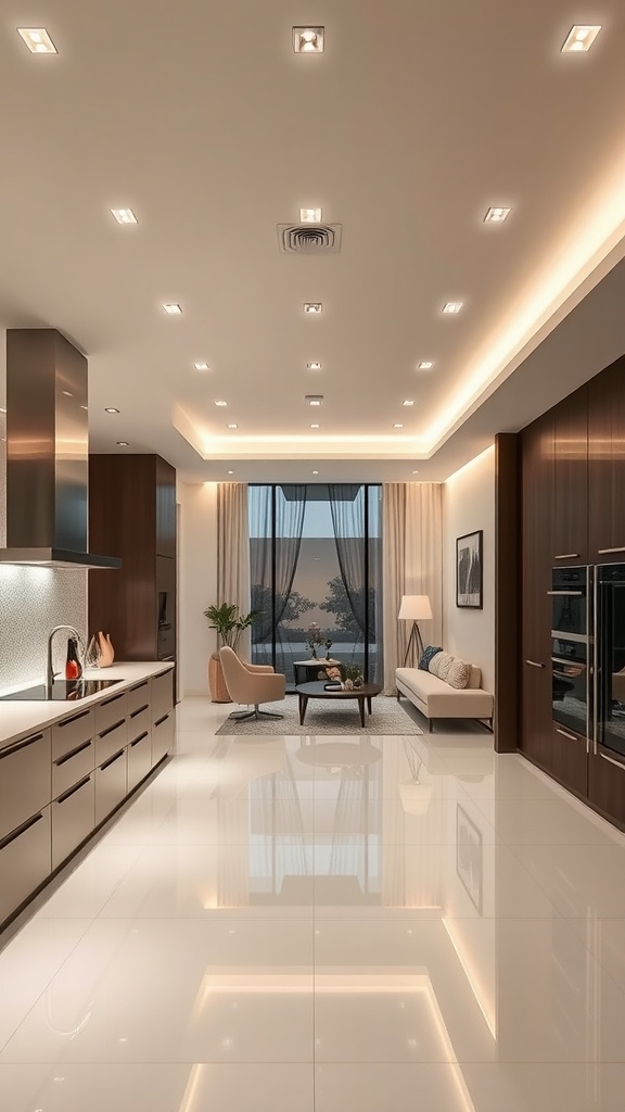 A modern kitchen and living room with LED recessed lighting in the ceiling.