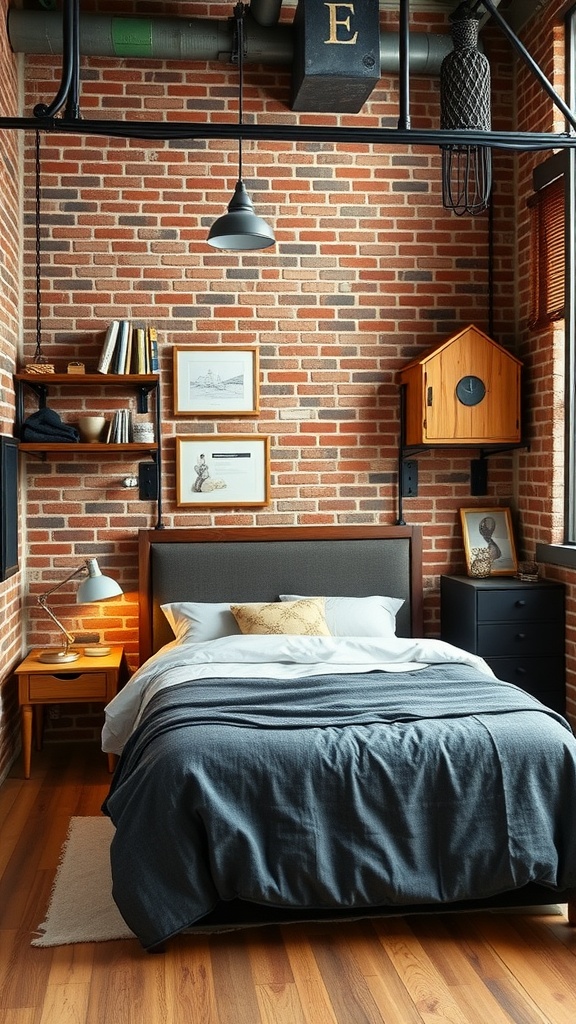 A modern industrial bedroom with a brick wall, wooden shelves, and smart storage solutions.