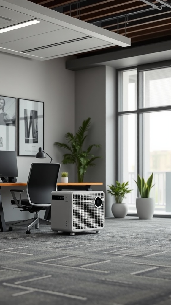 A modern office with an integrated air purifier beside a desk and plants.