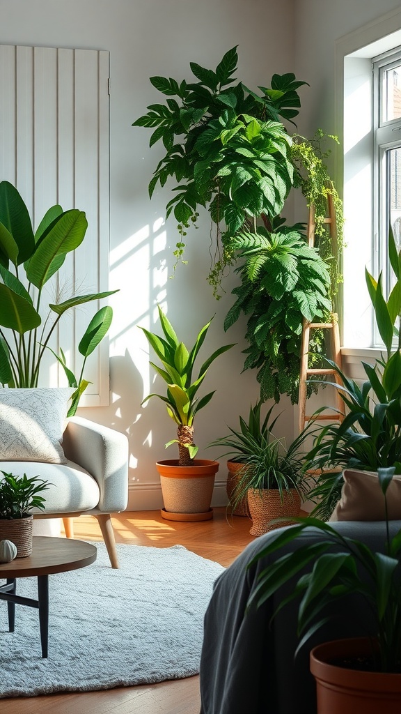 Bright living room with various indoor plants enhancing the space