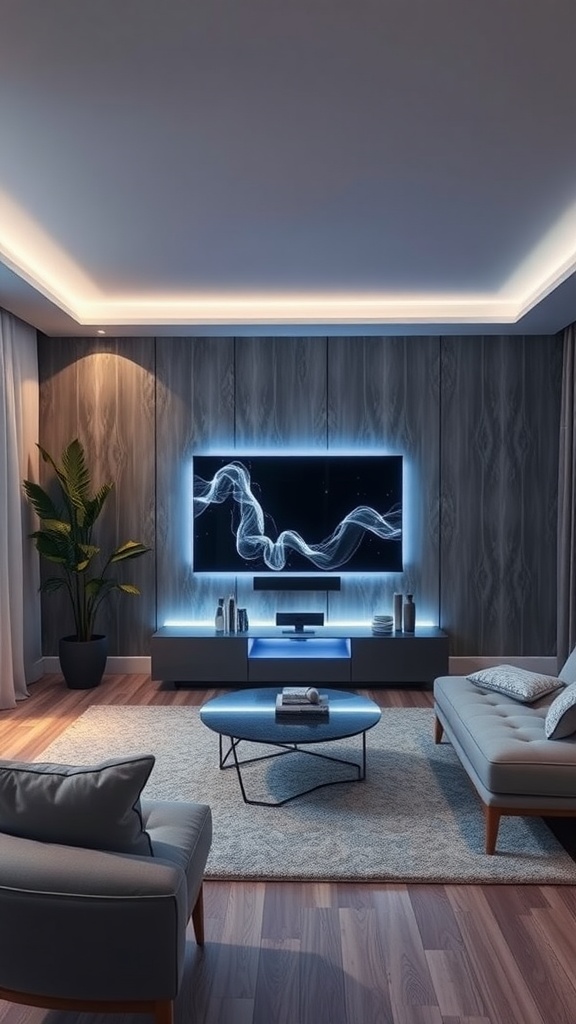 Modern living room with integrated lighting features around the TV and ceiling.