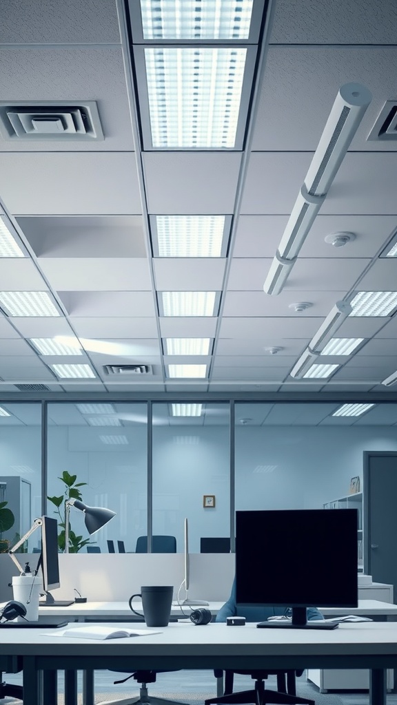 Office interior with integrated ceiling lighting, showing a modern workspace setup.