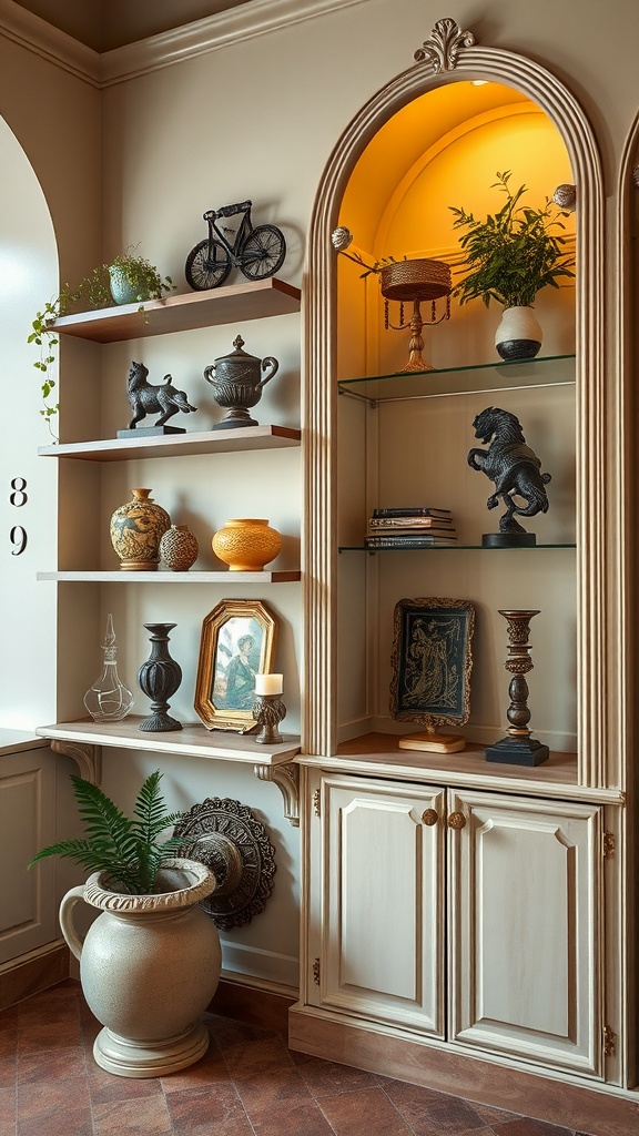 A beautifully arranged integrated shelving unit with decorative displays, featuring a mix of Mediterranean and Gothic design elements.