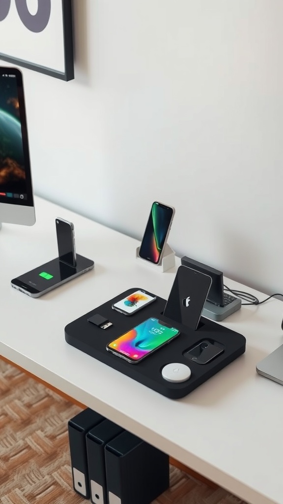 A sleek integrated technology hub for gadgets on a modern office desk.