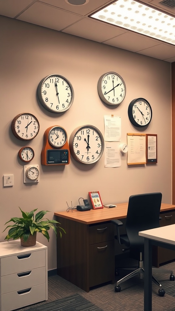 An office wall featuring multiple clocks showing different times, indicative of integrated time management tools.