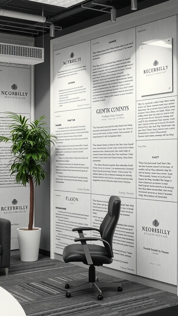 An office space with integrated wall panels, a chair, and a plant, showcasing a modern workspace design.