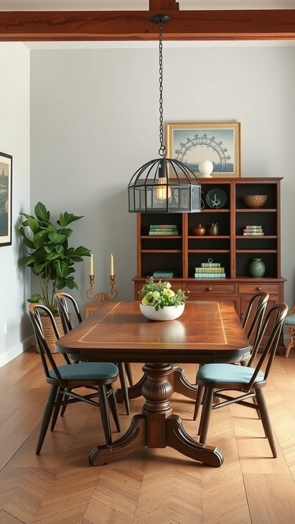 A cozy dining area featuring a wooden table surrounded by black chairs, with a hanging light fixture and a bookcase in the background.